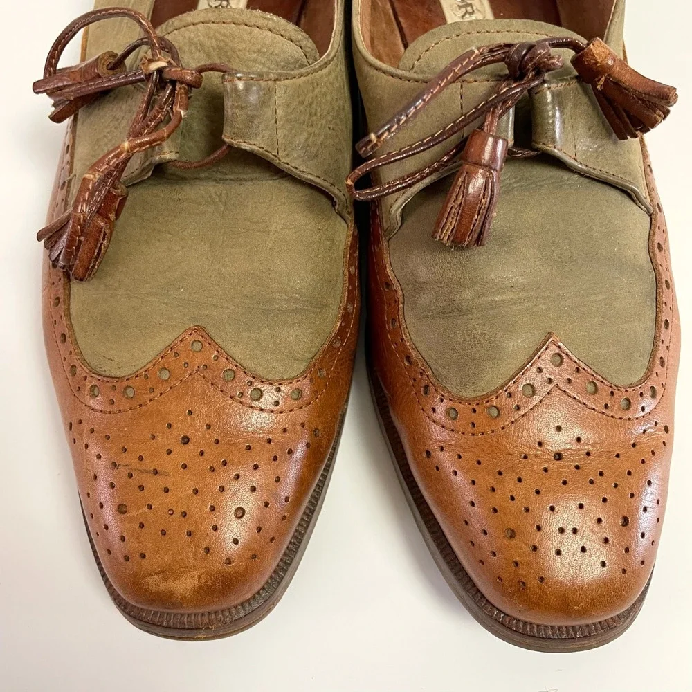 Beltrami Italian Leather Wingtip Oxfords Two Tone Green Brown Tassel Dress Shoes
